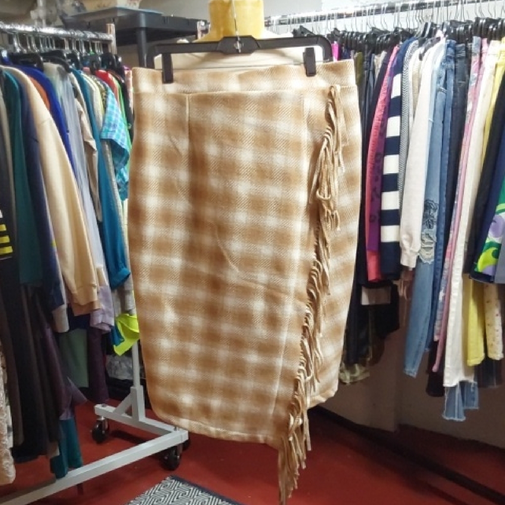 Tan Plaid Fringe Faux Wrap Skirt